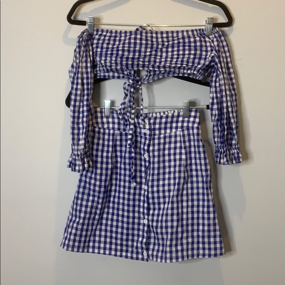 Custom plaid off the shoulder top & mini skirt set